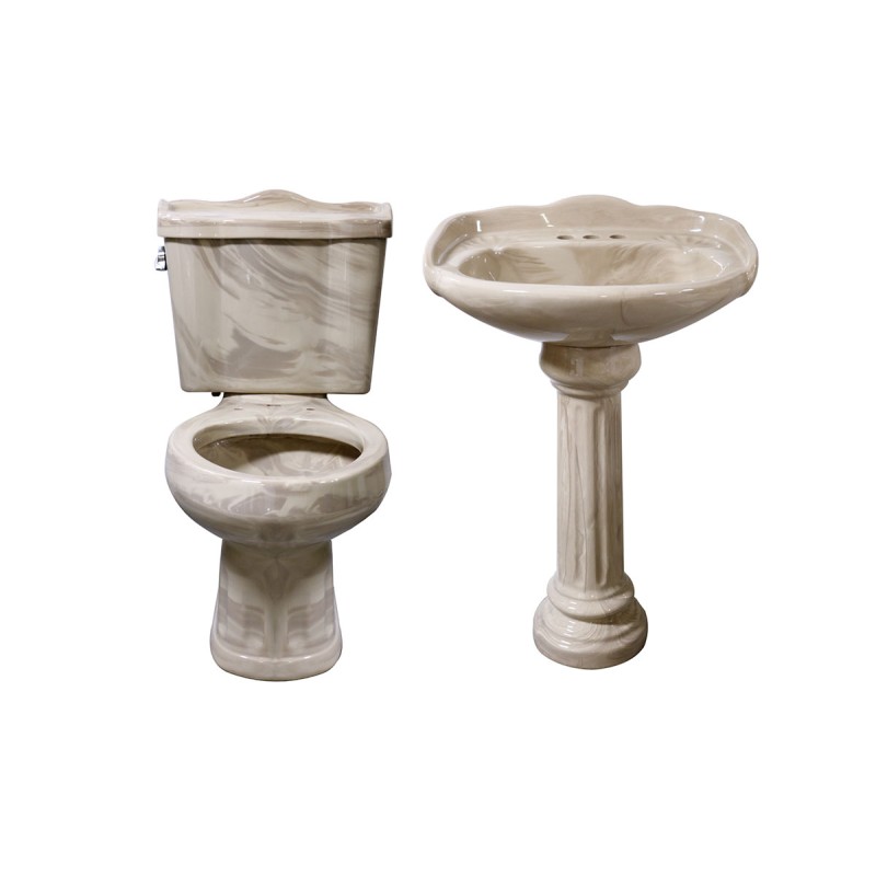 Paquete de baño Oxford Inodoro alargado y lavabo con pedestal color beige marmoleado